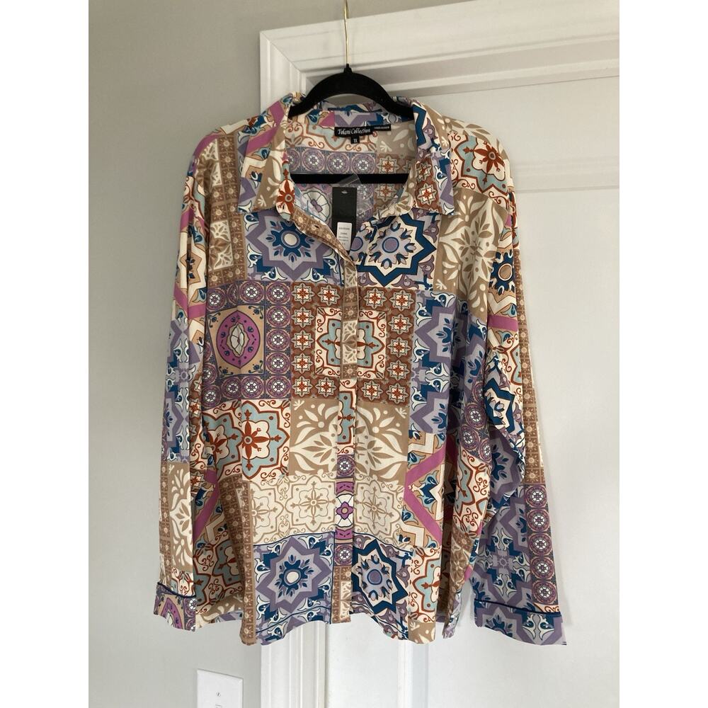 Tolani Zadie Notched Collar Top & Relaxed Fit Pajama Top Neutral Patchwork